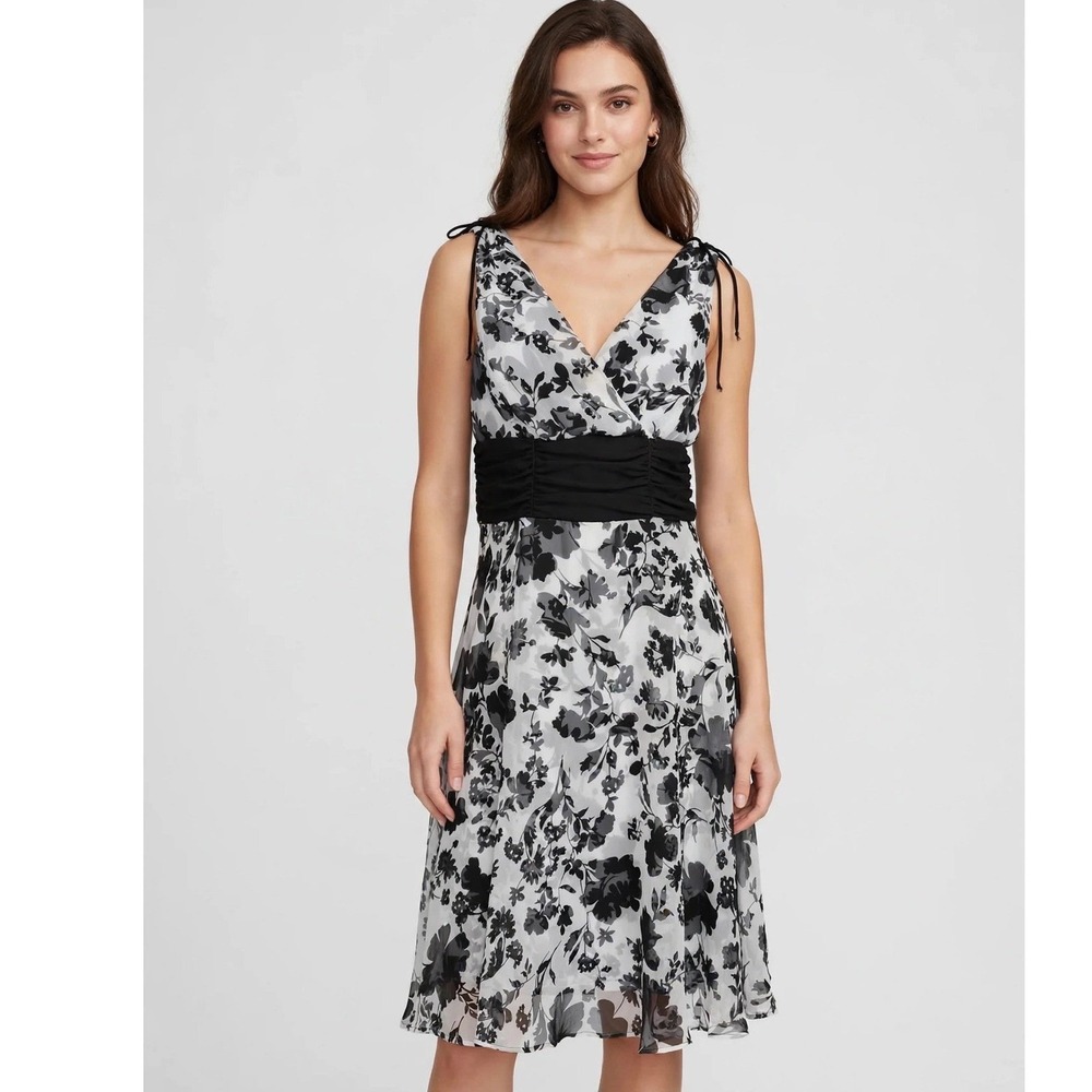 Connected Petite Black White Floral Chiffon Midi Dress Sleeveless V-Neck 10P